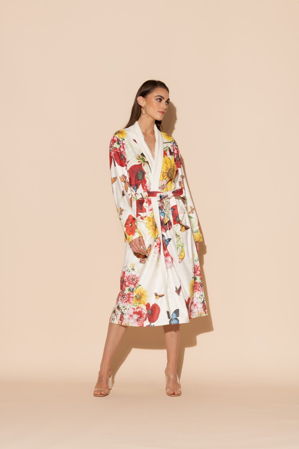 long robe with florals and butterflies