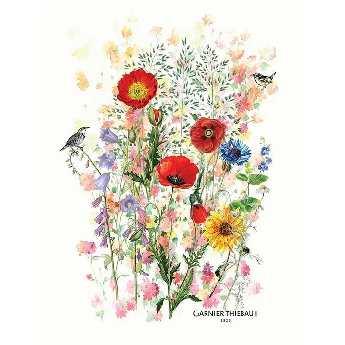 linen kitchen towel with bright florals and birds