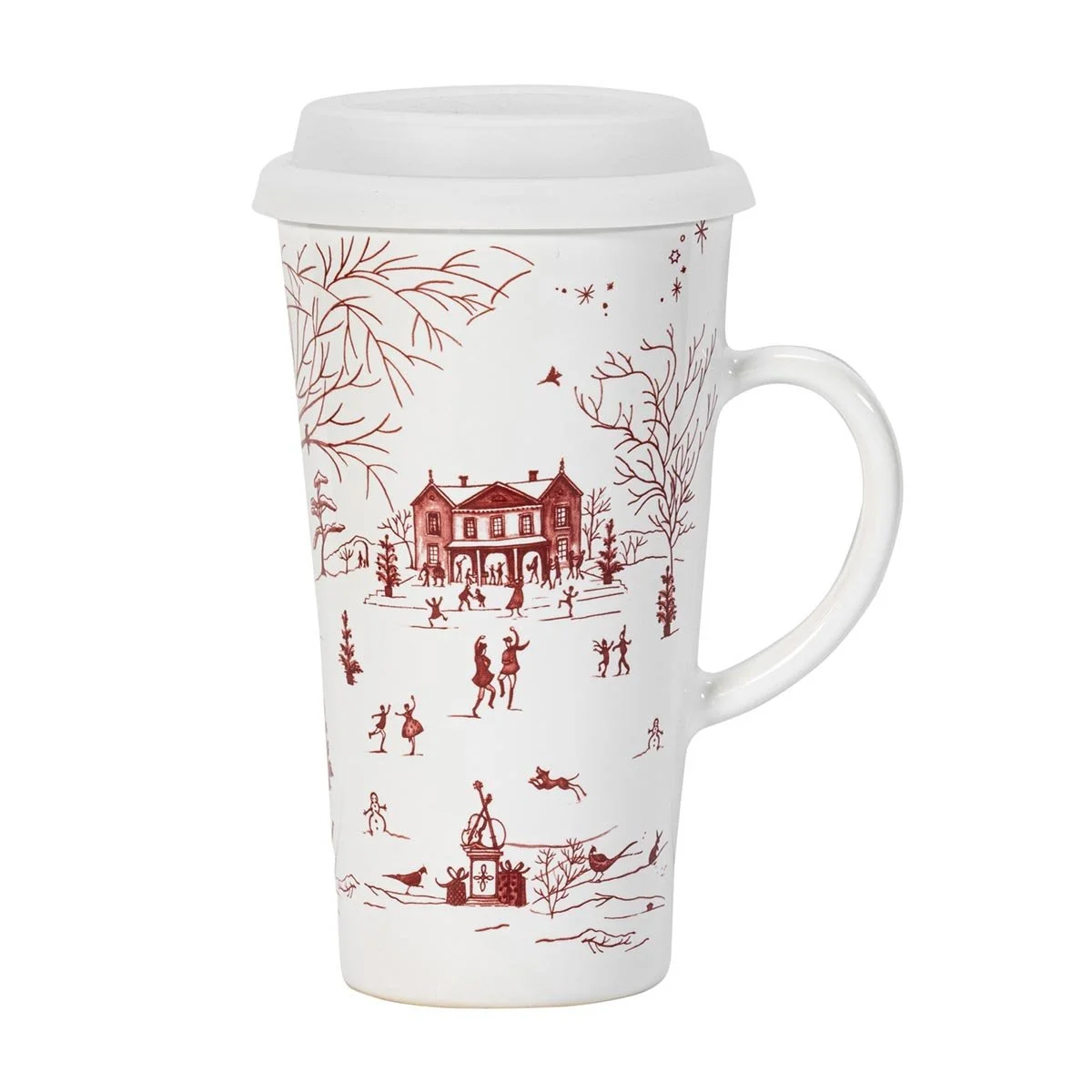 Travel mug featuring winter scene in front of farm house.