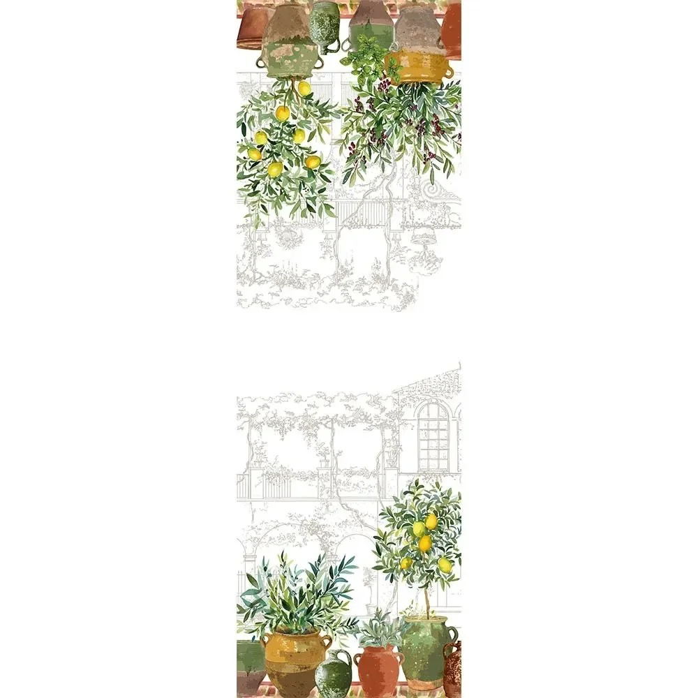 Overview of table runner with green potted plants including lemon and olive plants.