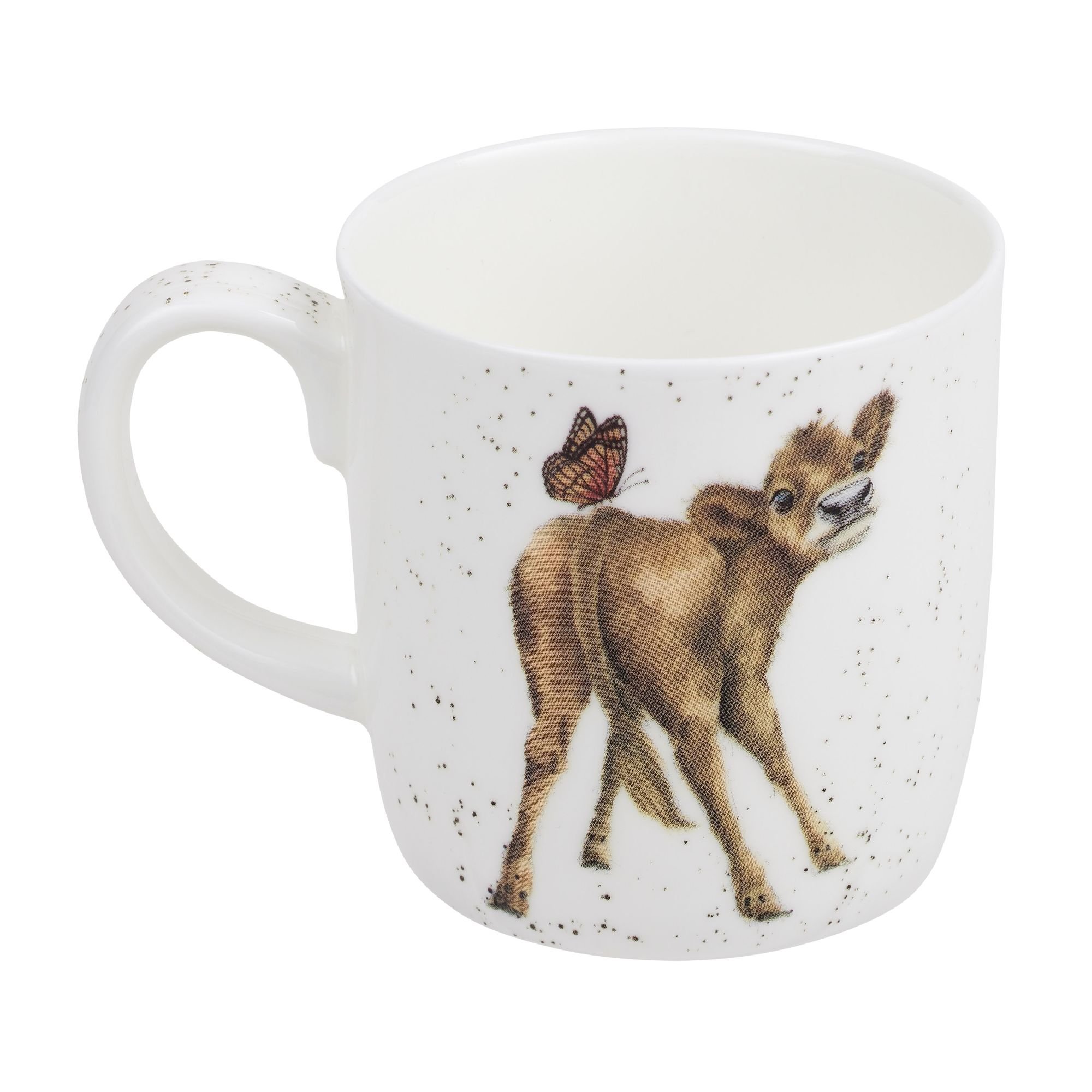 White mug with brown cow and monarch butterfly landing on it's backside.