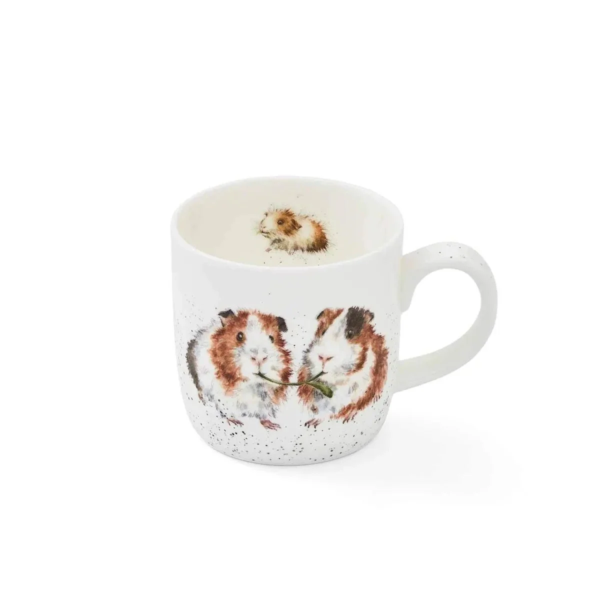 white mug with guinea pigs sharing a green snack.
