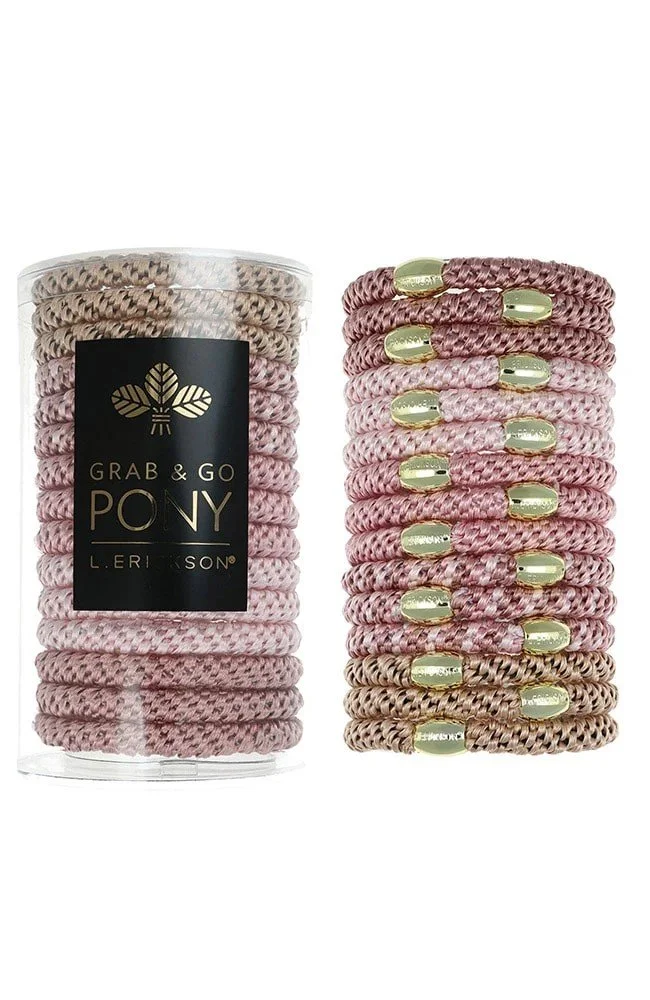 Set of 15 hair ties with gold bead in various shades of pink