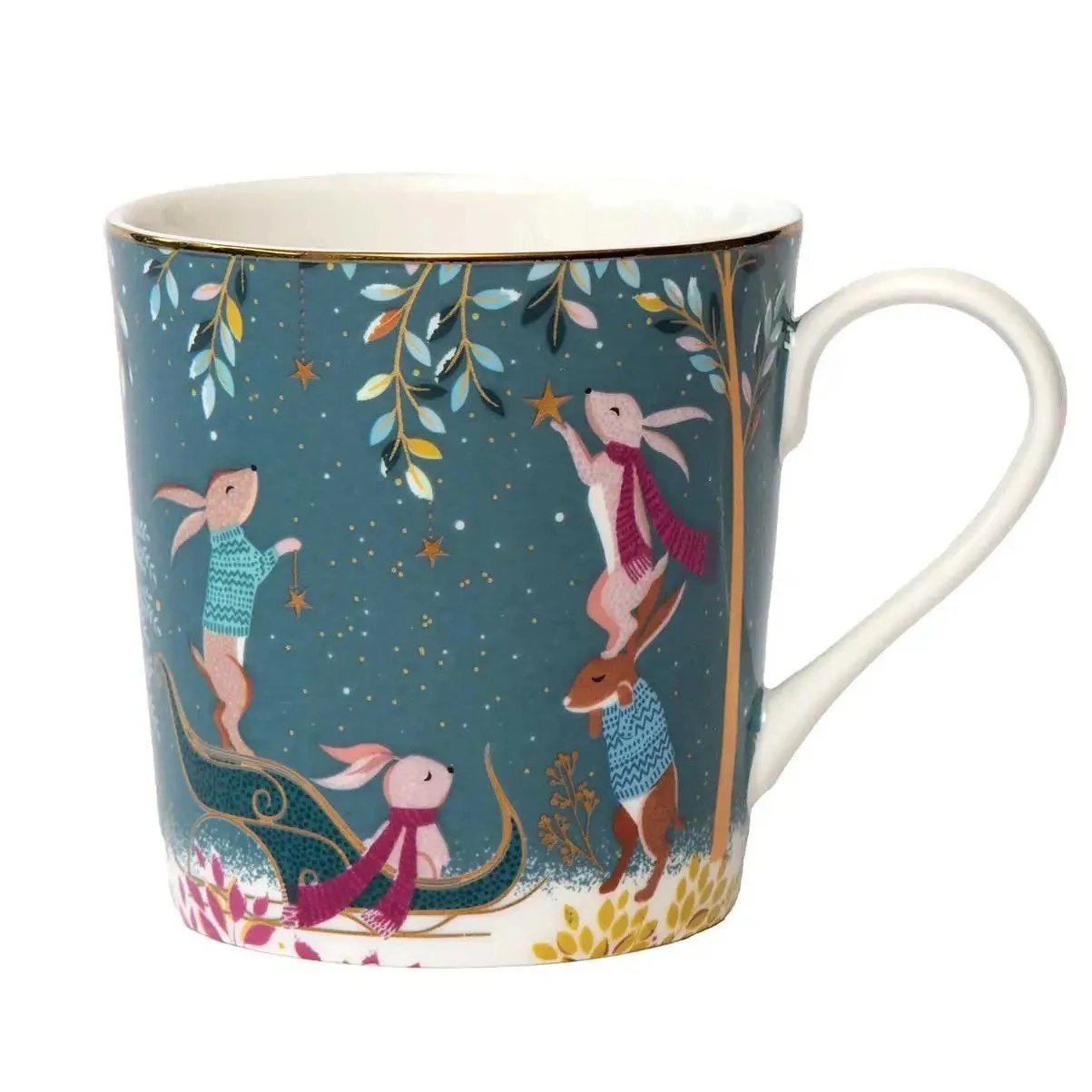 teal mug showing rabbits hanging ornaments by standing on sleigh to reach.