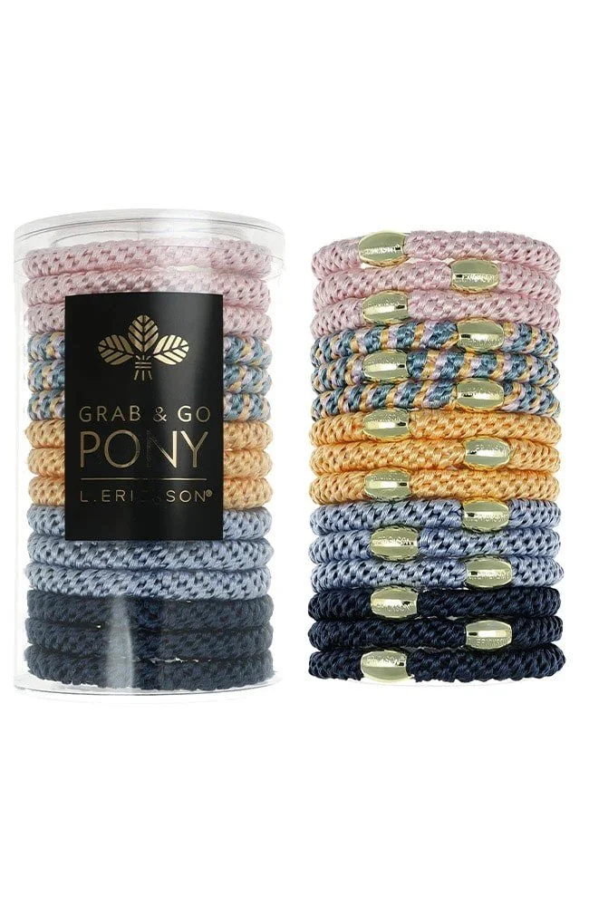 Set of 15 hair ties with gold bead in various shades of pinks, blues and golds