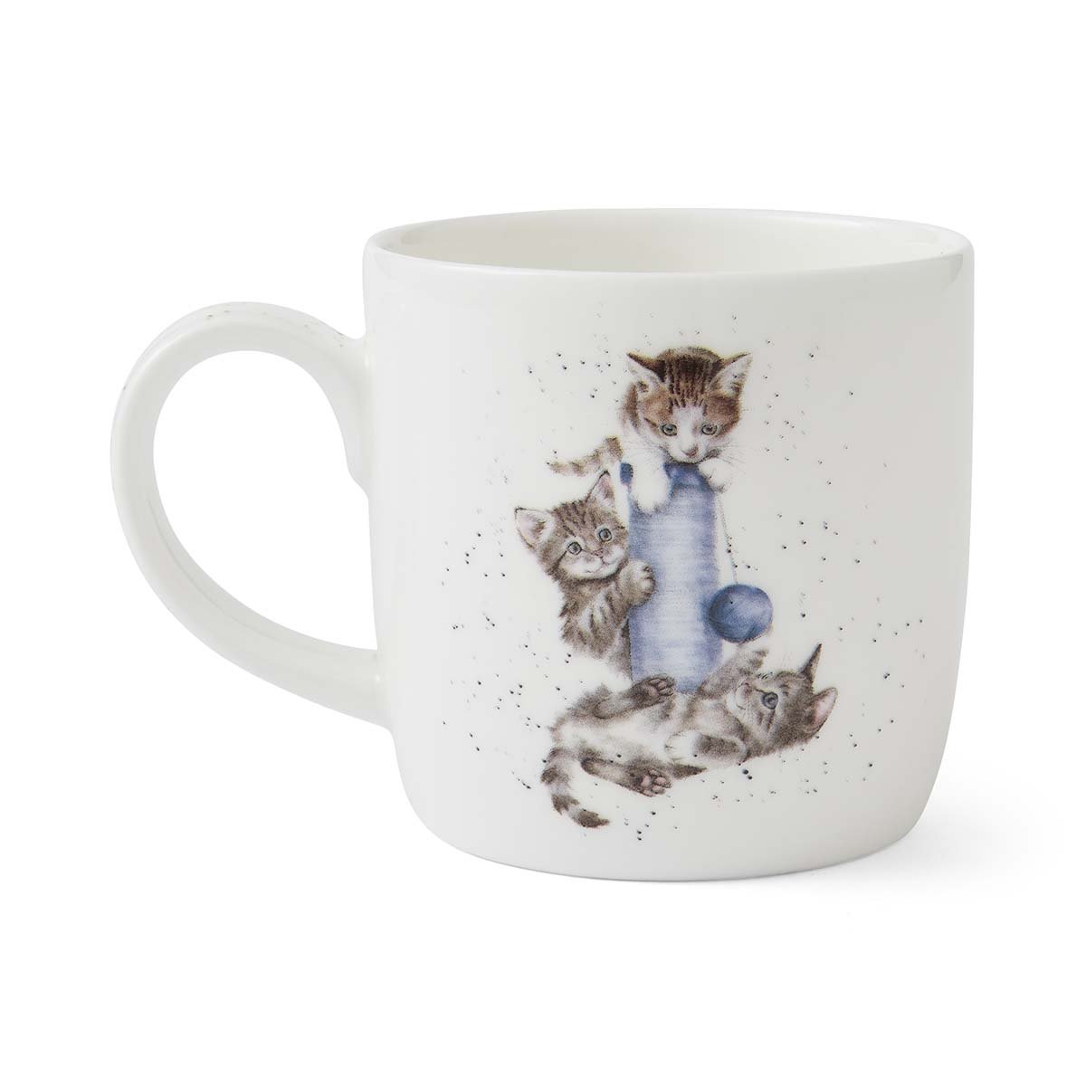 Backside of Cattitude mug showing 3 cats playing with scratching post.