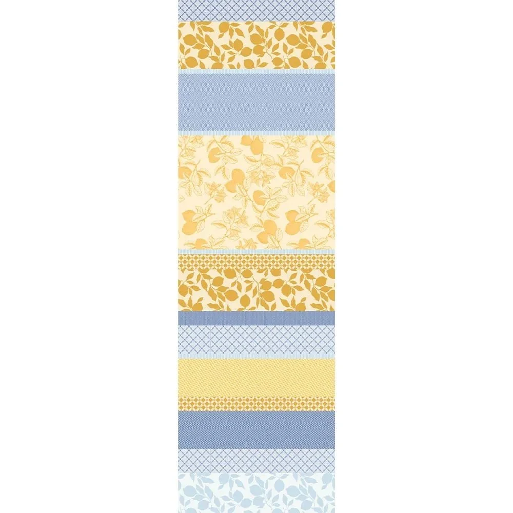 yellow and blue table runner featuring striped patterns and lemons