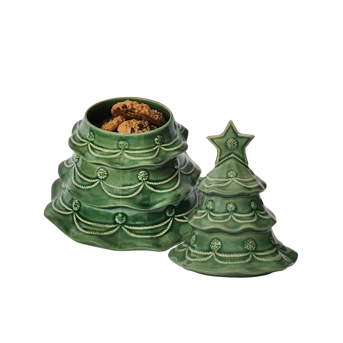 Open Christmas tree cookie jar showing cookies.