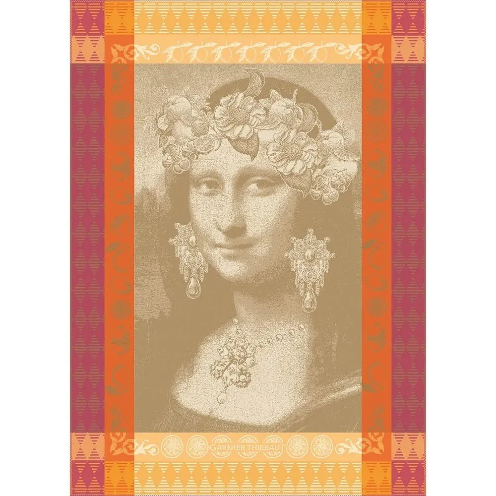 Mona Lisa with a flower crown and large earrings, with shades of orange and cranberry