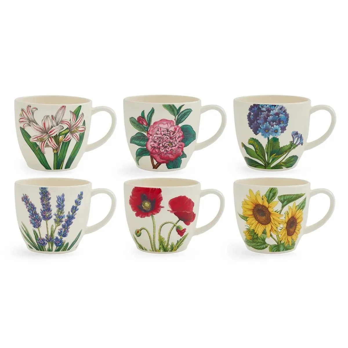 Set of 6 white mugs, each with a different flower