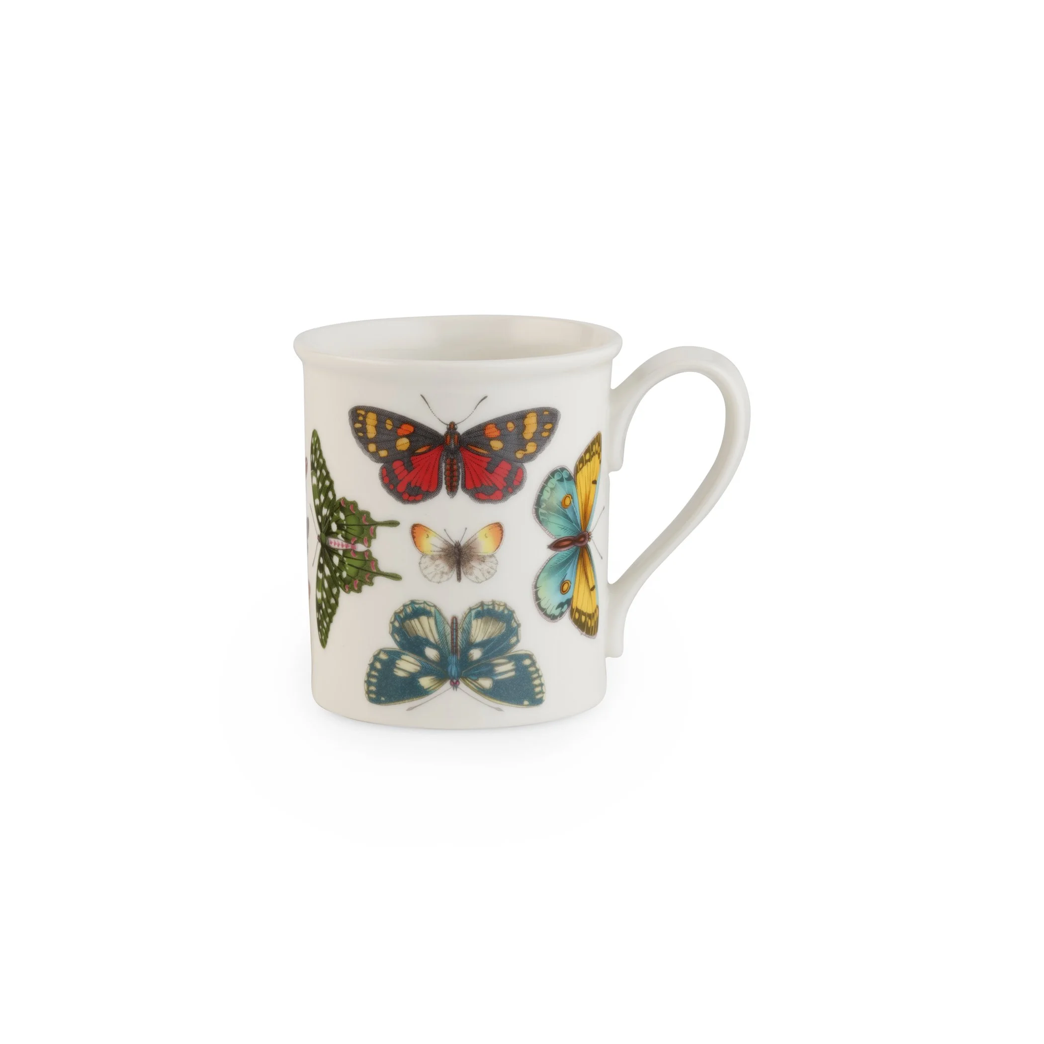 white mug with variety of butterflies varying in shape and color.