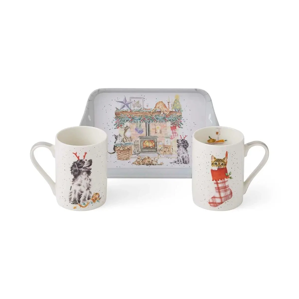 Mug and tray set featuring dog and cat in Christmas gear.