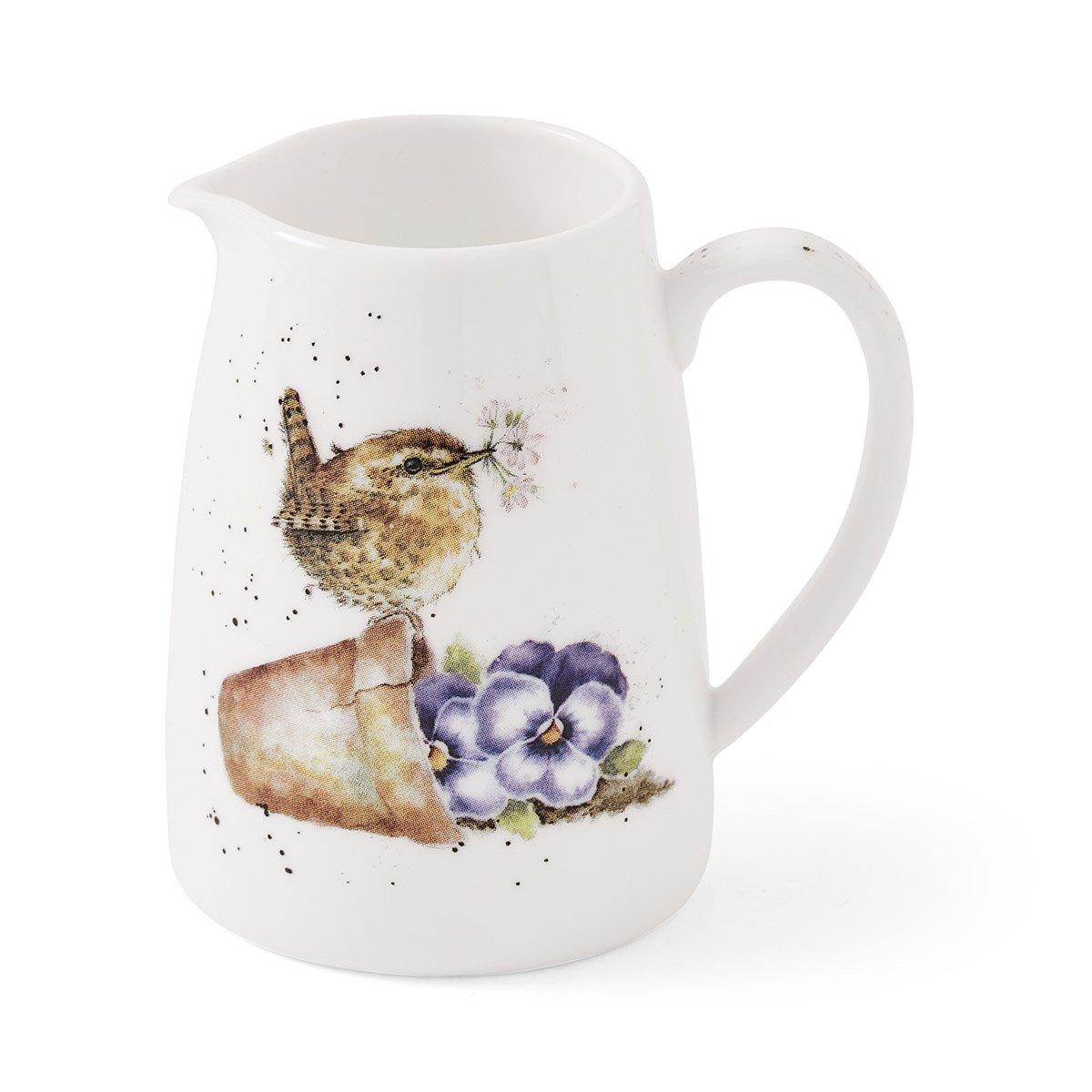 white jug featuring a small wren holding flowers perched on broken flower pot with purple pansies.