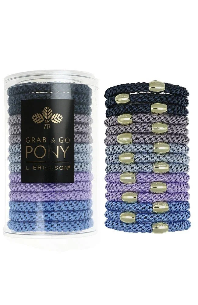 Set of 15 hair ties with gold bead in various shades of blues and grays