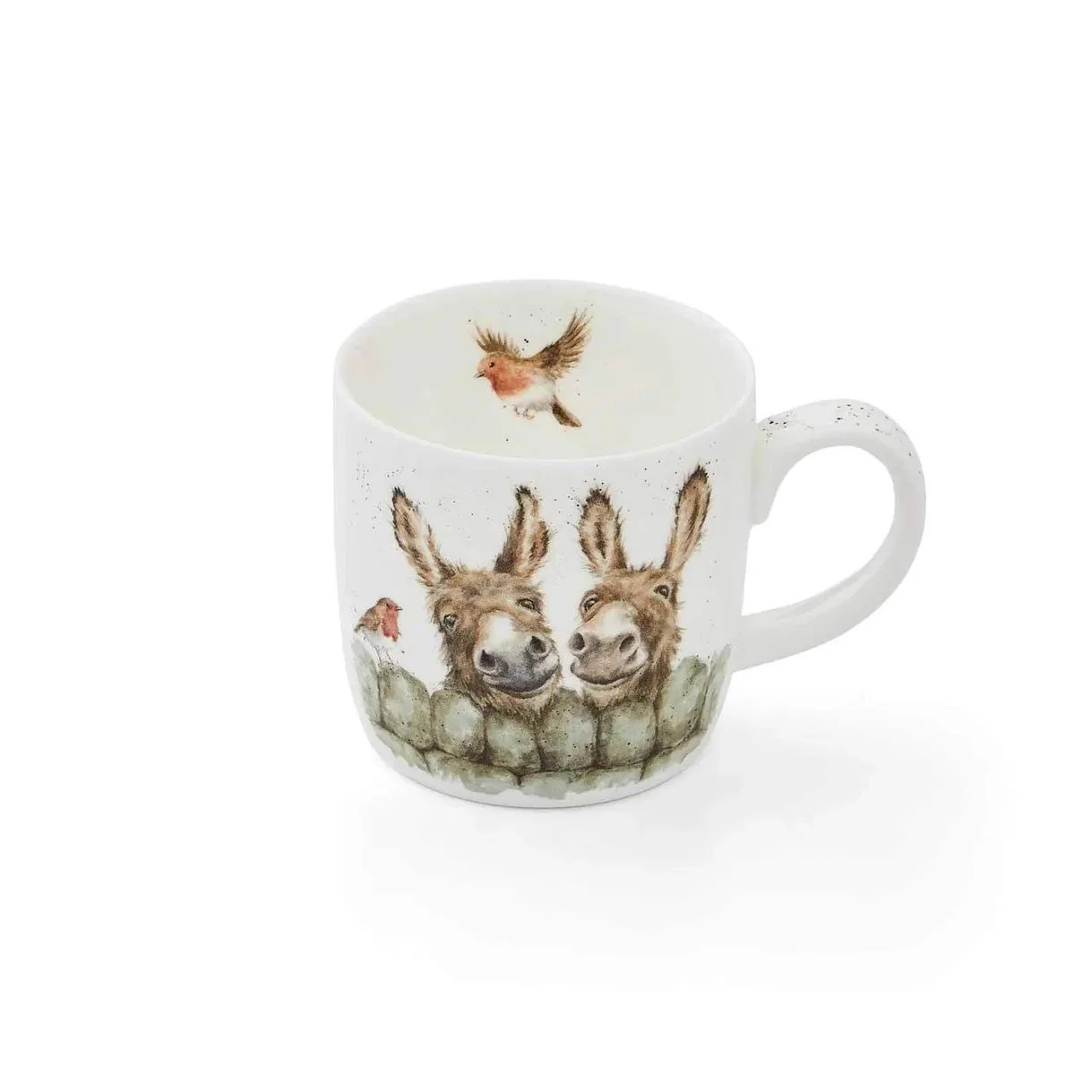 white mug with two donkeys looking over a stone wall.