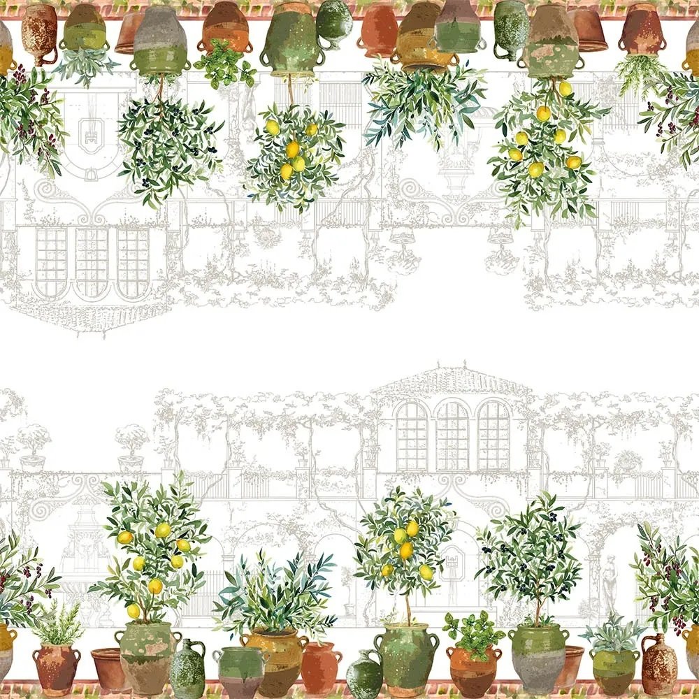 Overhead view of cream tablecloth with large potted plants, including olives and lemon plants, running along each side