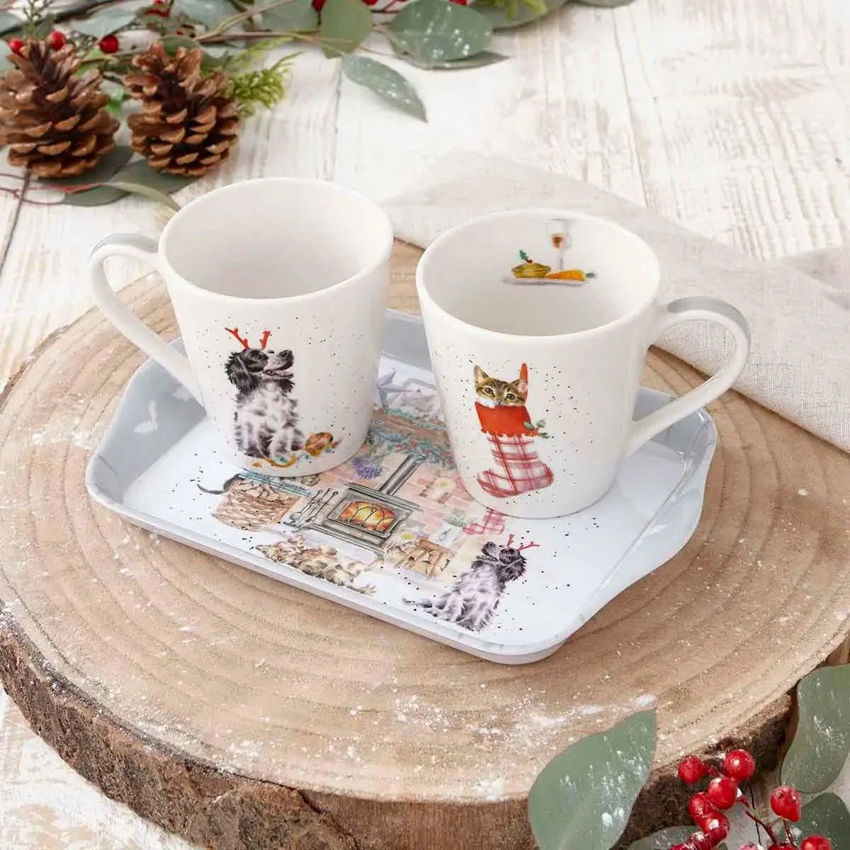 dog and cat mug and tray set resting on wood plate.