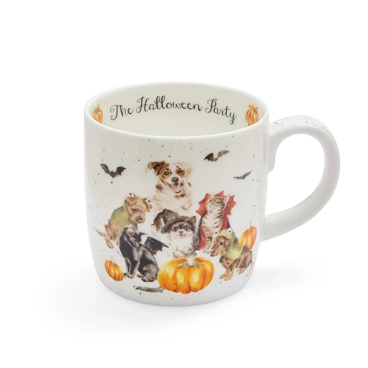 white mug with dogs and cats dressed in Halloween costumes.
