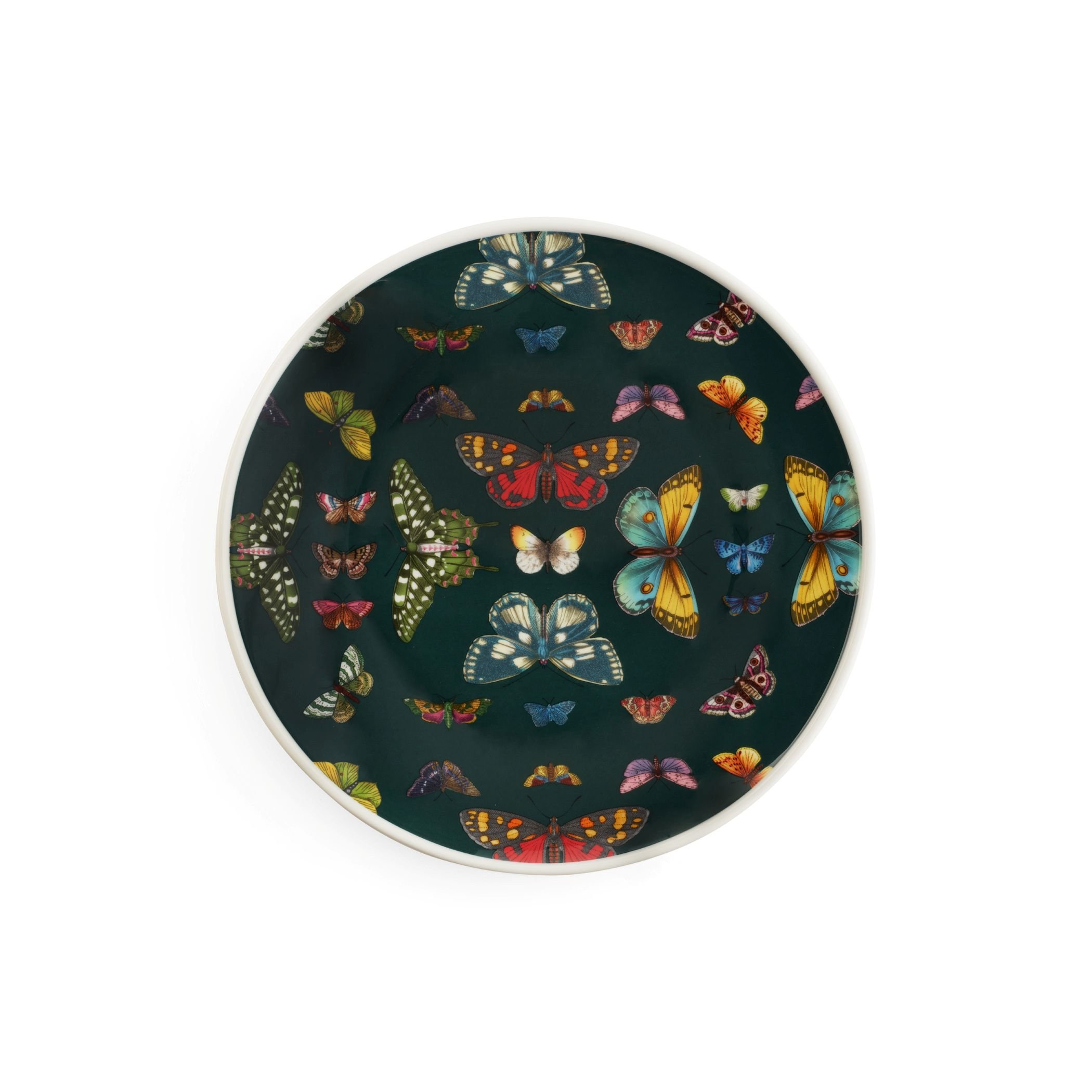 A dark green plate decorated with numerous butterflies in varies sizes and colors.