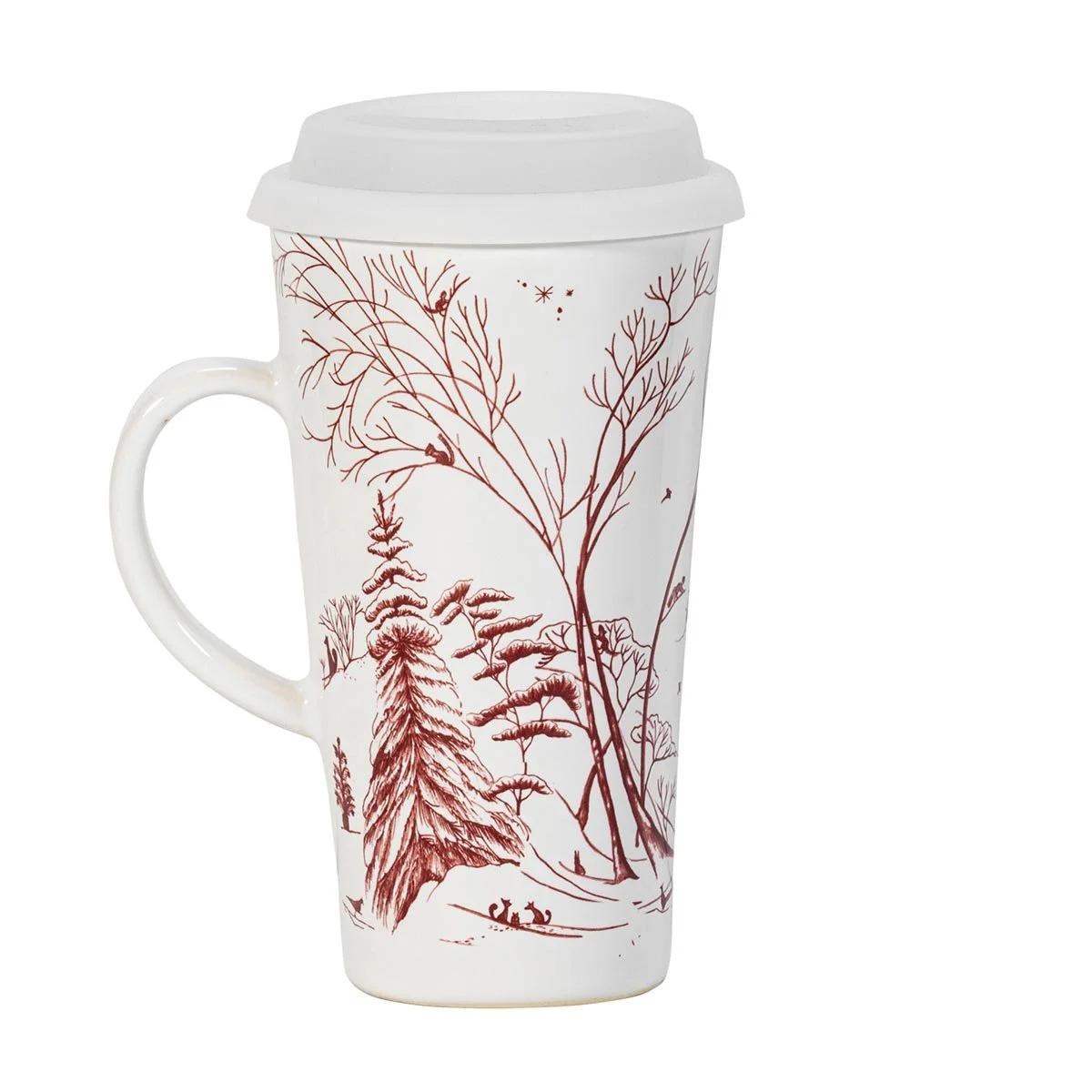 Opposite side of mug featuring crimson design of evergreens.
