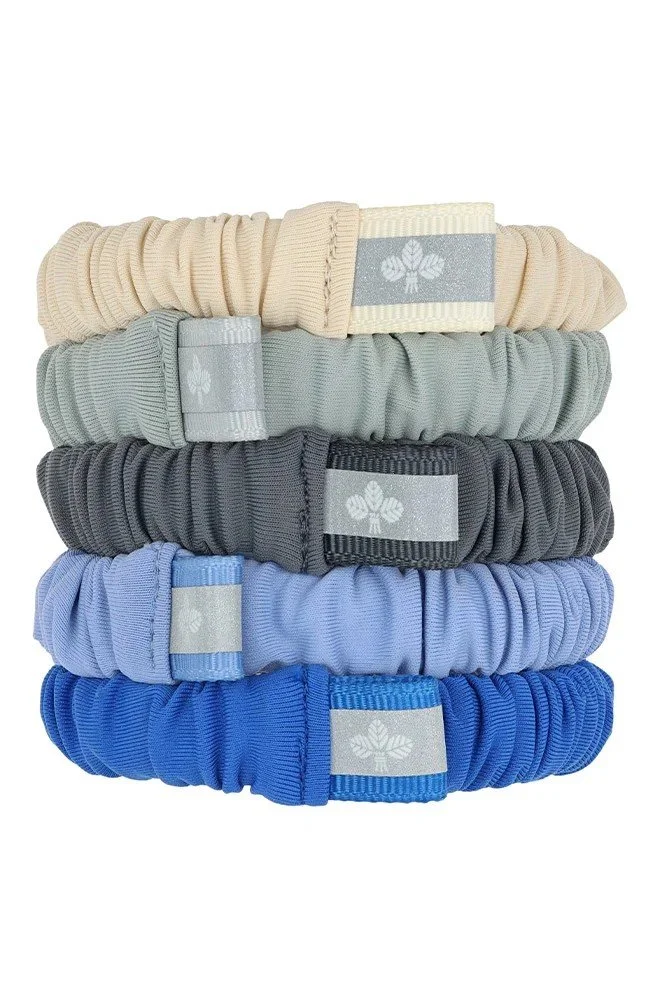 Set of five hair scrunchies in shades of blue, gray and cream
