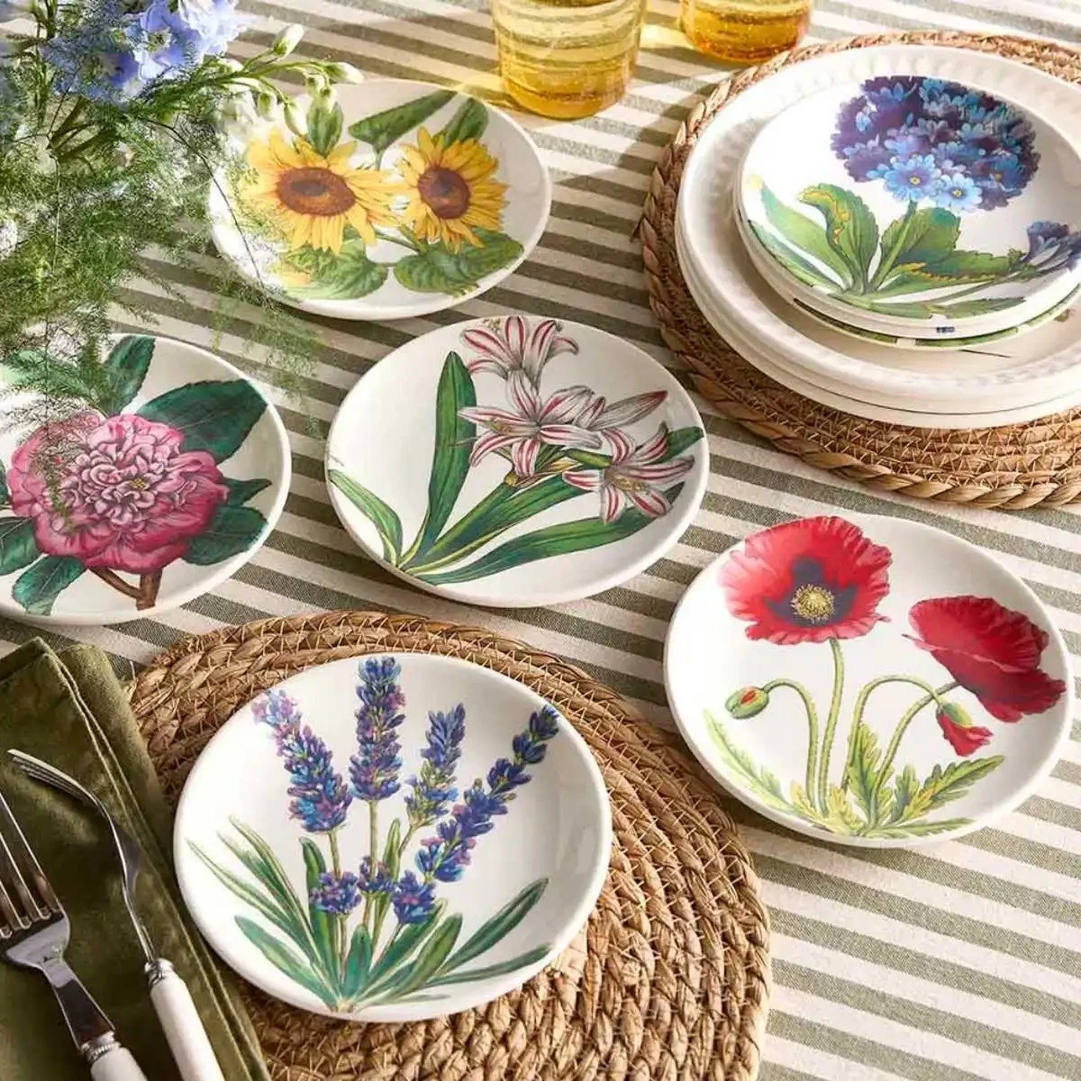 Floral side plates on set table.