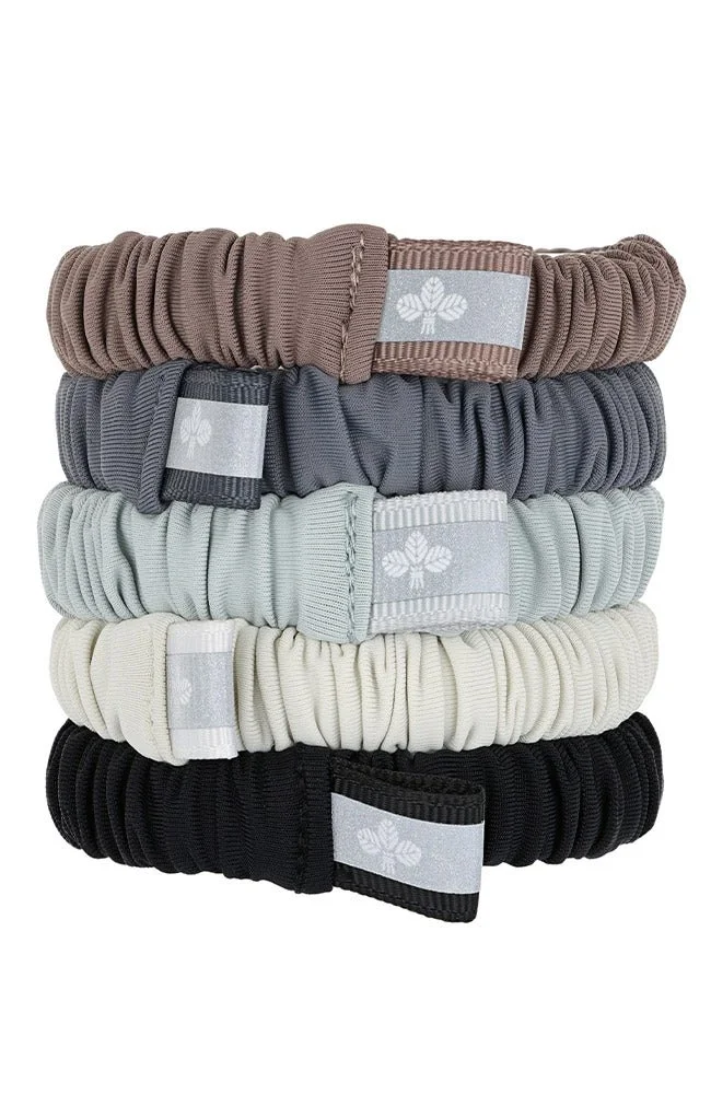 Set of five hair scrunchies in neutral shades with black, grays and taupe