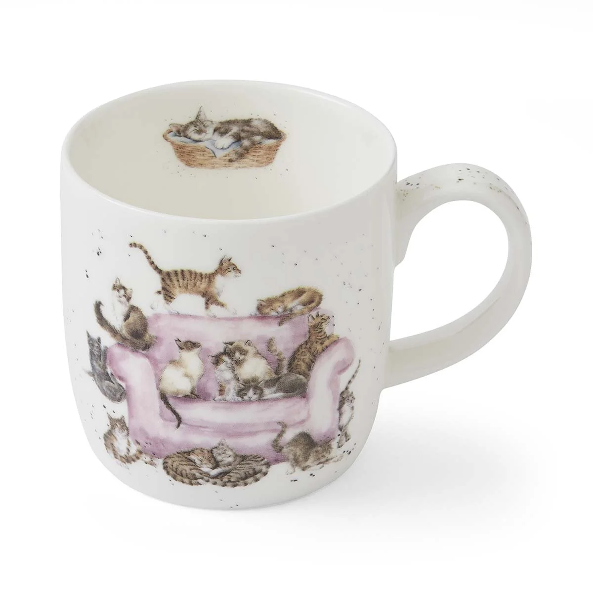 White mug with many cats sleeping, playing and walking on pink sofa. Another cat sleeping is depicted on the inside of the mug.