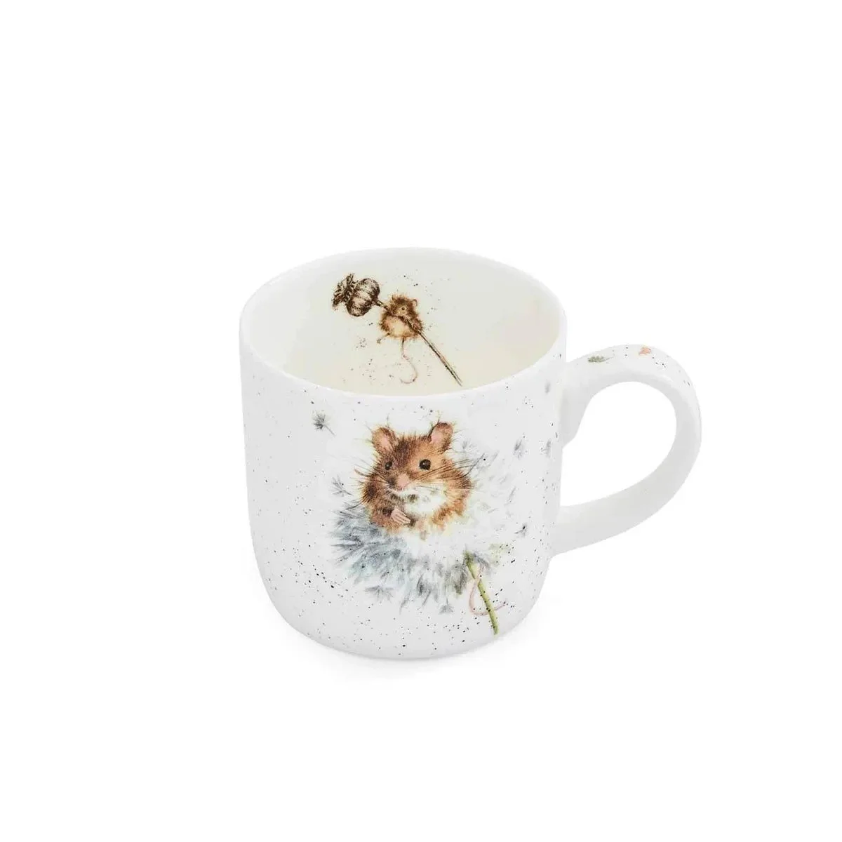 white mug with mouse sitting on a dandelion poof.