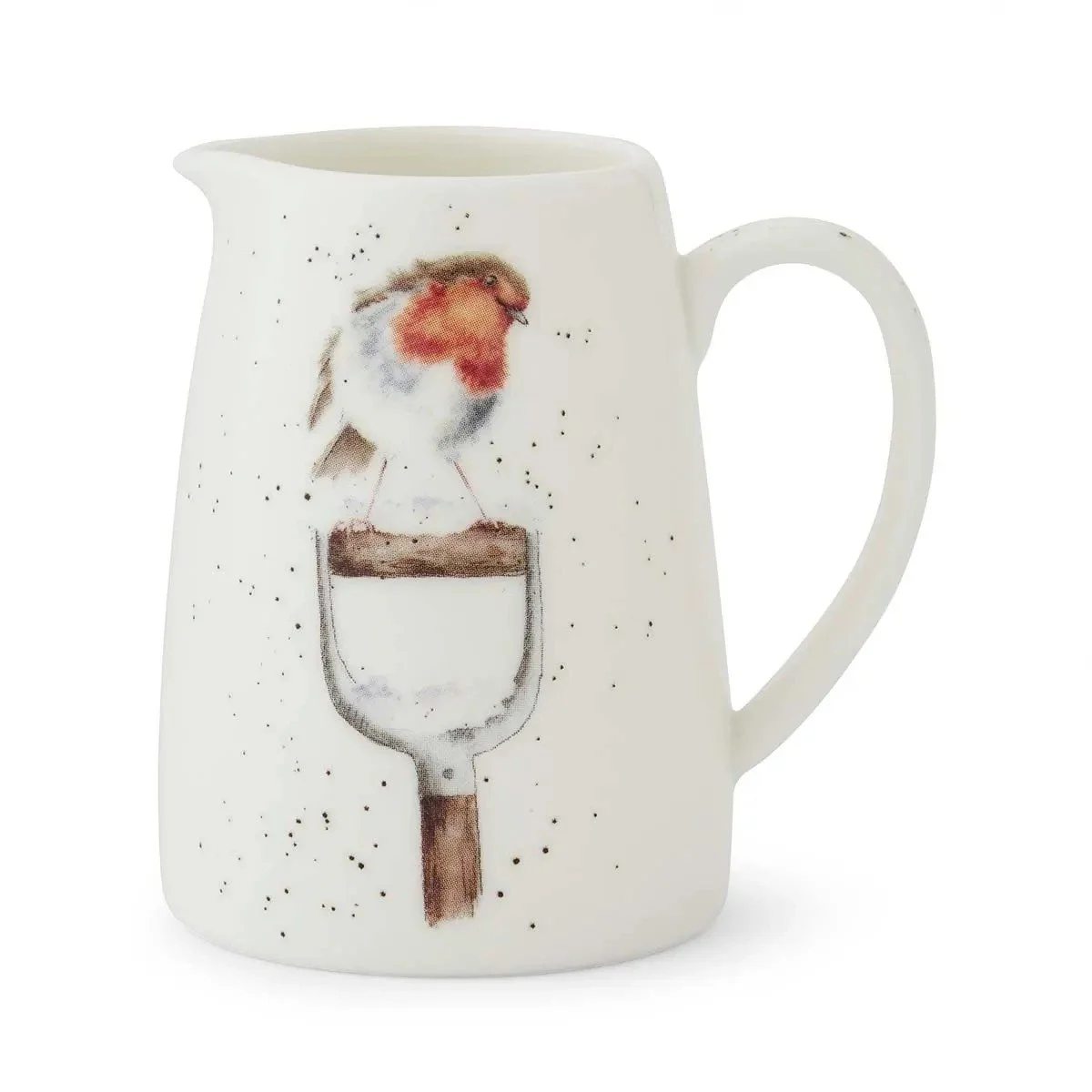 small white jug featuring a robin perched on a shovel handle.