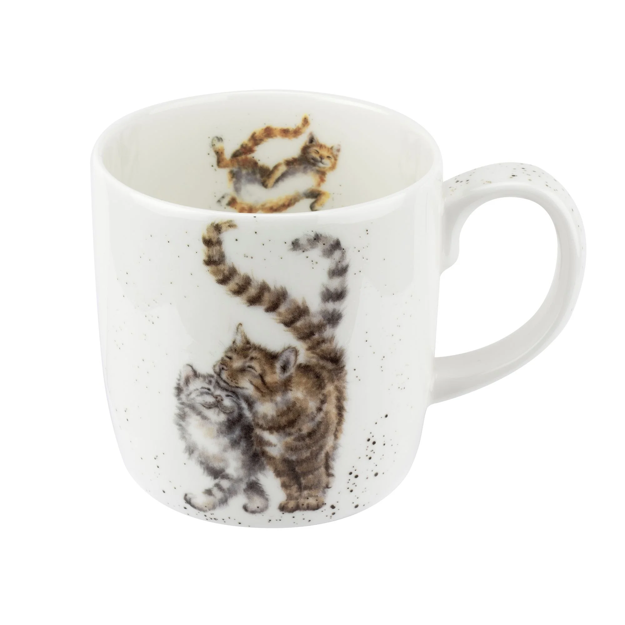White mug showing two cats happily rubbing their heads together and a cat laying on its back on the inside.