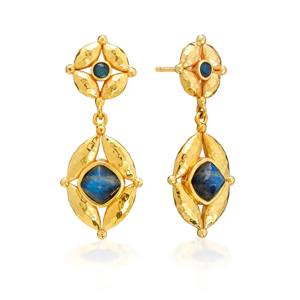 Hammered gold earrings containing a small blue labradorite stone at the post as well as in the drop.