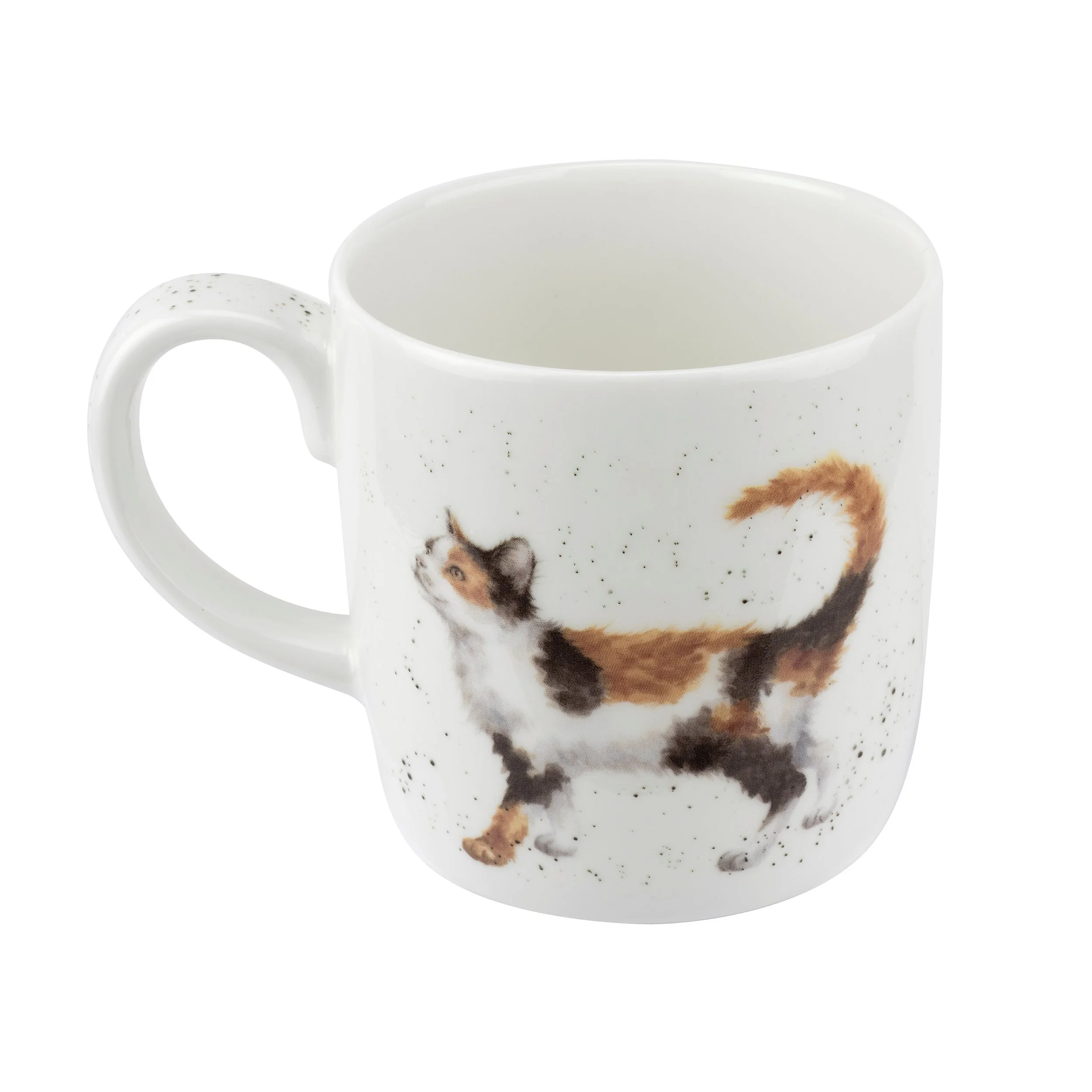reverse side of white mug with fluffy painted calico cat.
