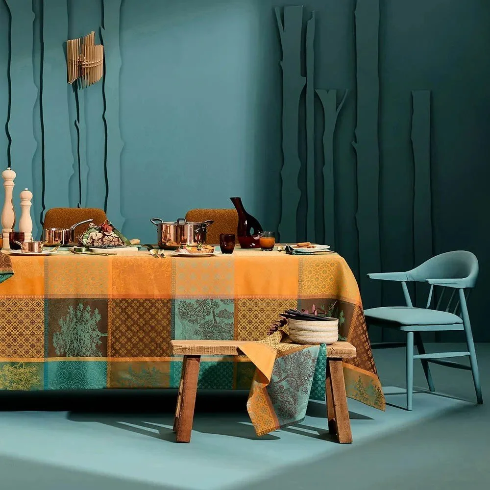 blue, yellow and brown jacquard pattern tablecloth