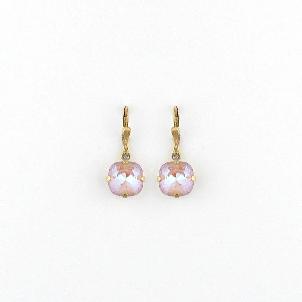gold earrings with blush colored crystal drop