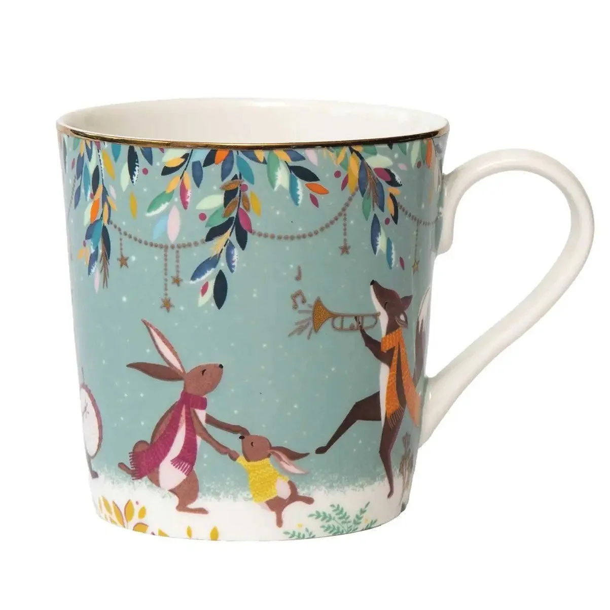 Mug with teal background and forest animals playing instruments and dancing.