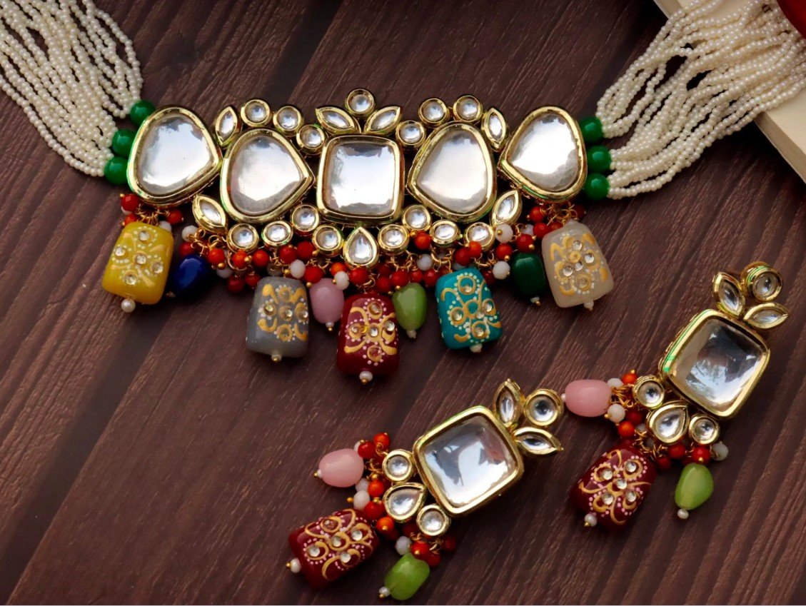 Mohar Choker Set – MultiColour — Kaur Jewelry Choker Set, Tikka Set, Nose  Ring, Earring