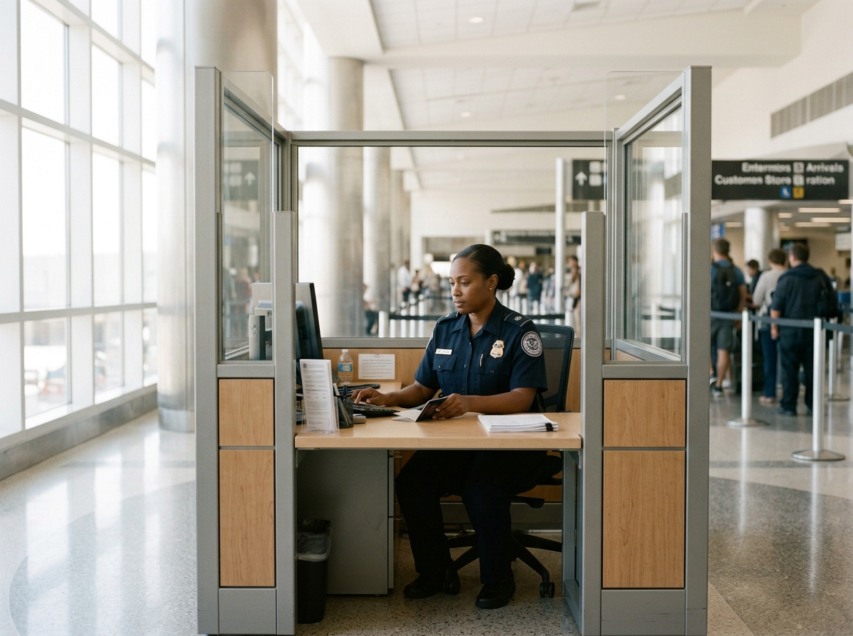 A female TSA security officer seated at a desk in an airport, working on a computer and reading a booklet, with travelers in the background.