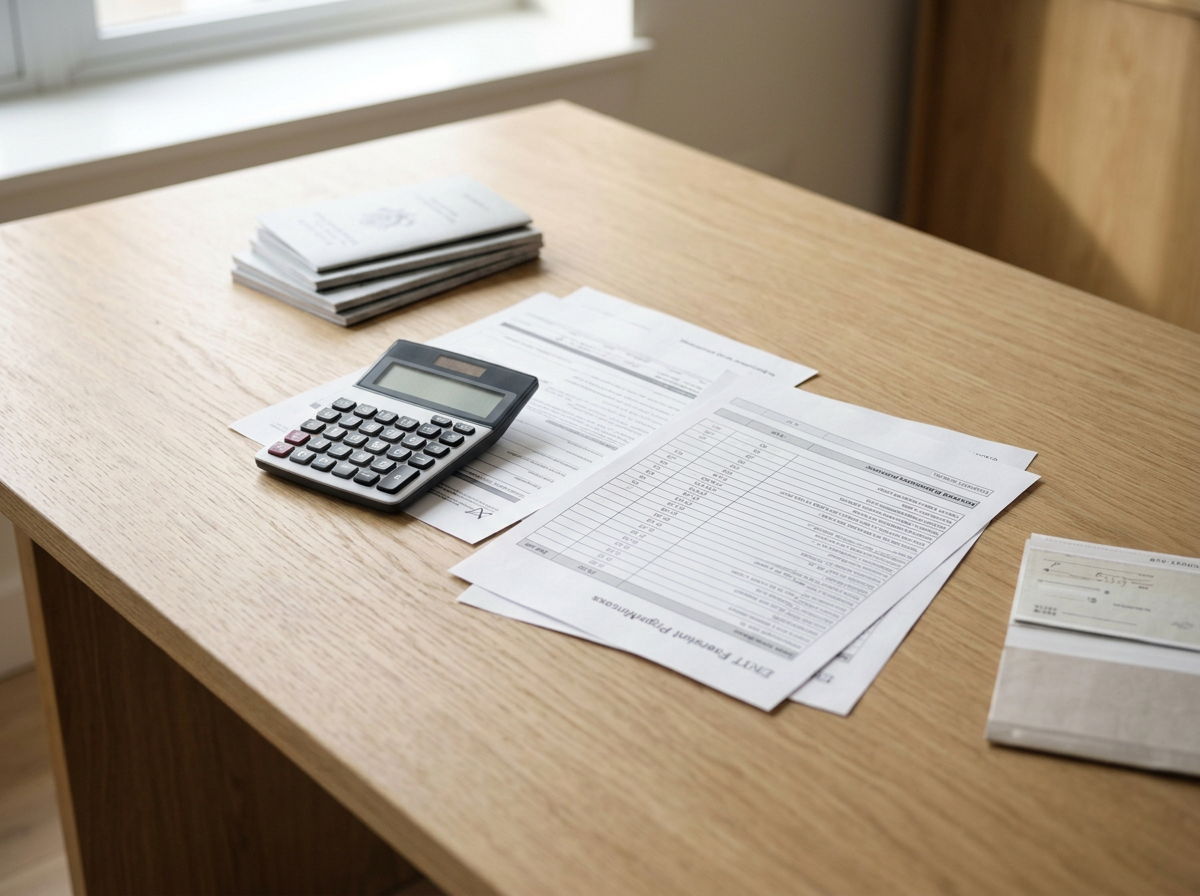 Financial documents, a calculator, and checks on a wooden desk.