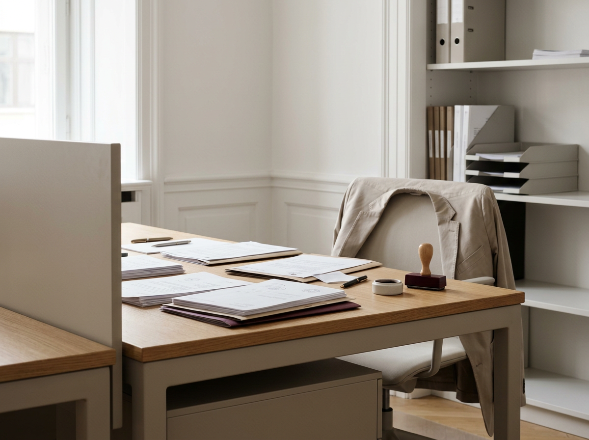Empty office desk with stacks of papers, pens, a rubber stamp, and office supplies, with a beige coat draped over the chair, in a bright room with white walls and bookshelf.