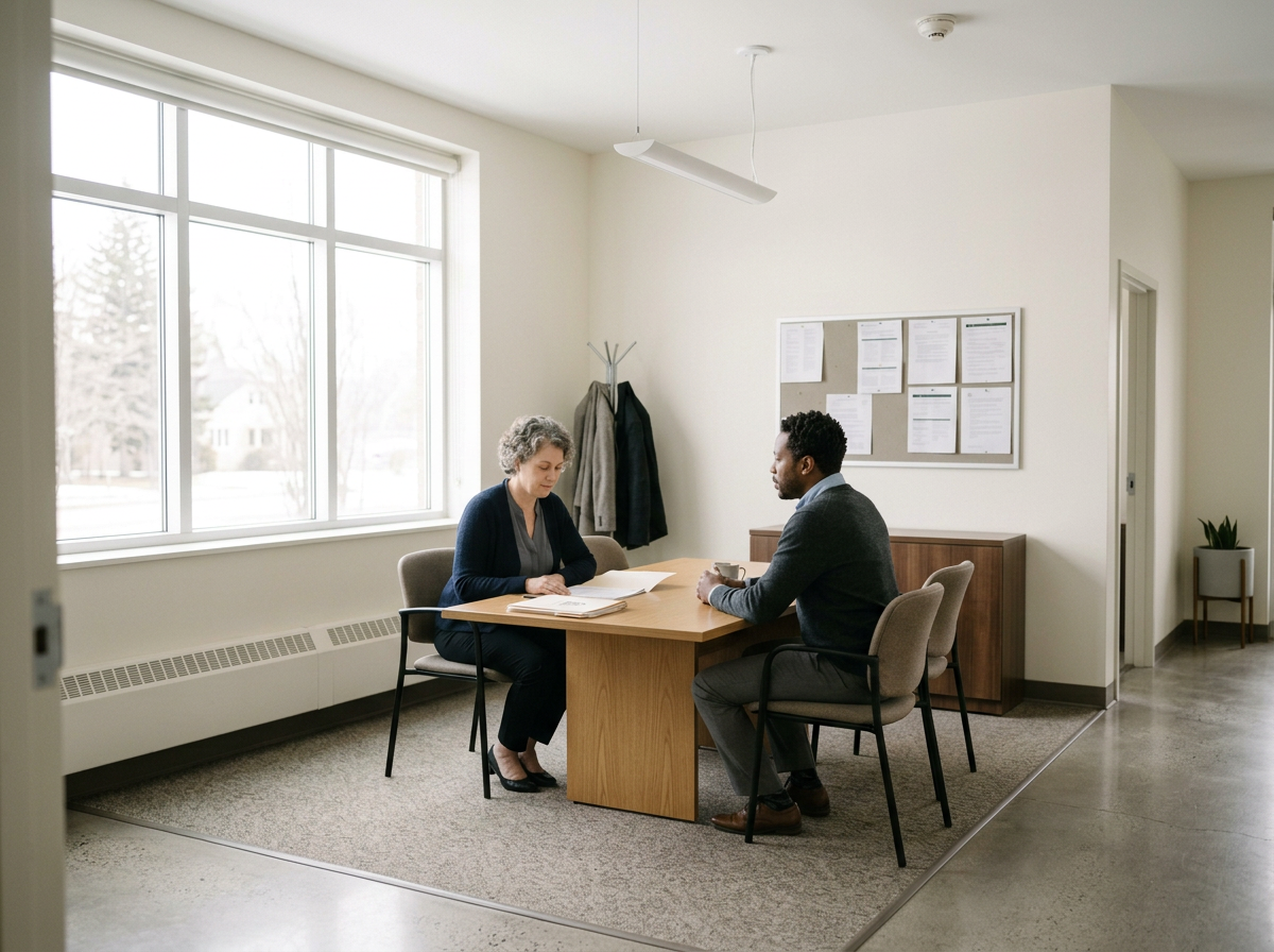 Two people sitting across from each other at a wooden table in a minimalist office, having a meeting or interview. The room has large windows, a bulletin board on the wall, and a coat rack with jackets.