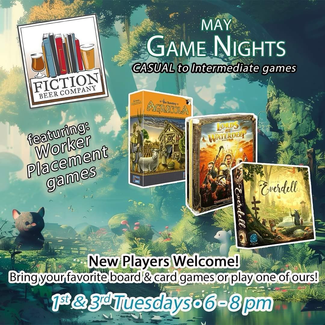 Come join a group of local board gamers in OPEN GAME NIGHT every 1st and 3rd Tuesday of each month from 6-8pm! May dates are 05/07 and 05/21. Featured May games are worker placement games.

New members are always welcome. Open game nights will offer 