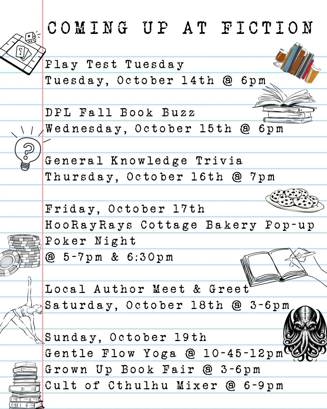 Can you feel it? It&rsquo;s finally starting to feel like fall! 🍂🎃 Here&rsquo;s what we have lined up for you this week!

🧩 The second Tuesday of the month is Play Test Tuesday at 6pm! Meet local game makers and help them test out what they&rsquo;