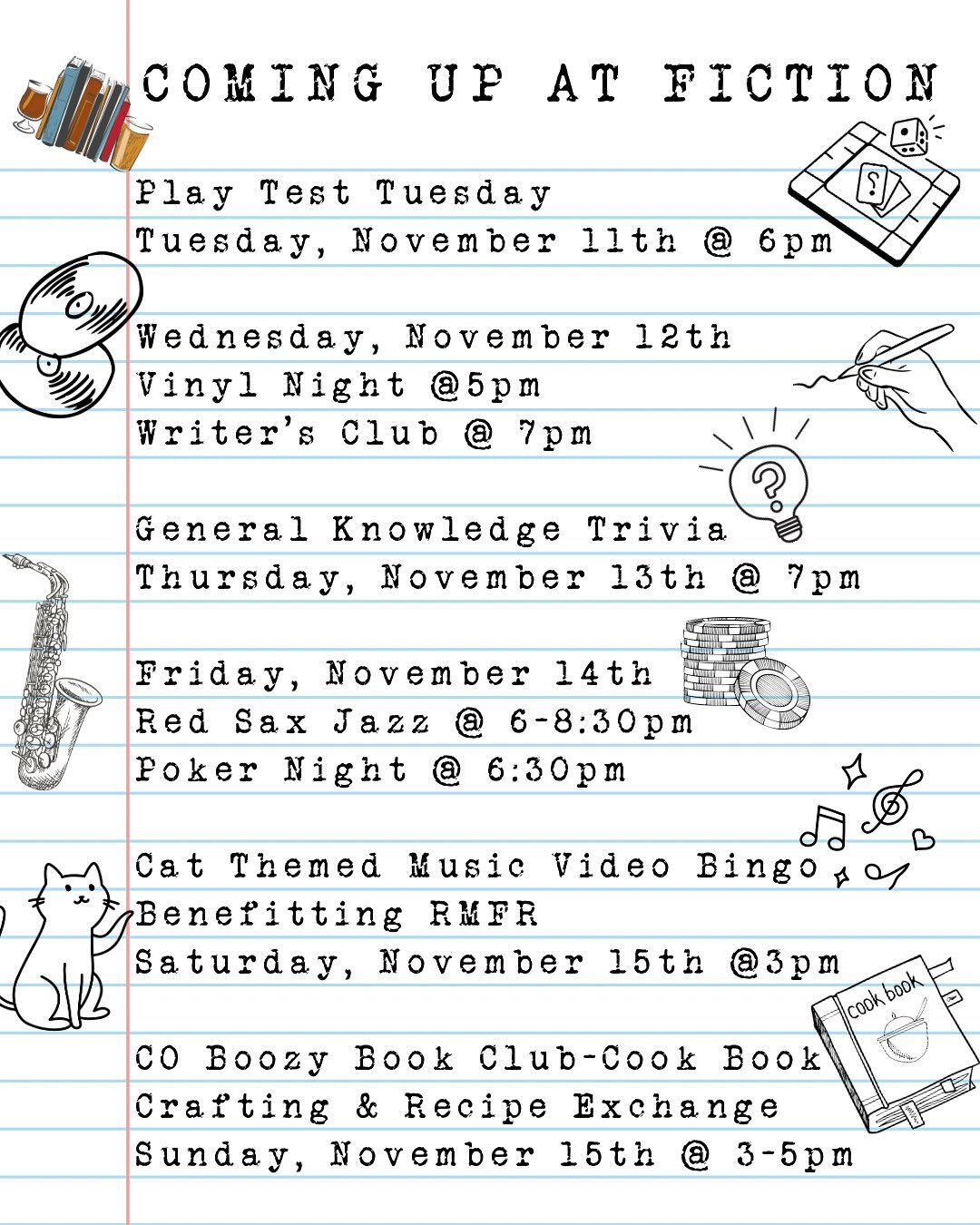 And just like that, it&rsquo;s Sunday night- but! We have a whole new week of fun to look forward to!

🎲 The second Tuesday of the month is Game Test Tuesday at 6pm! Come meet local game makers and test out their latest game!

🎶 Starting at 5pm on 