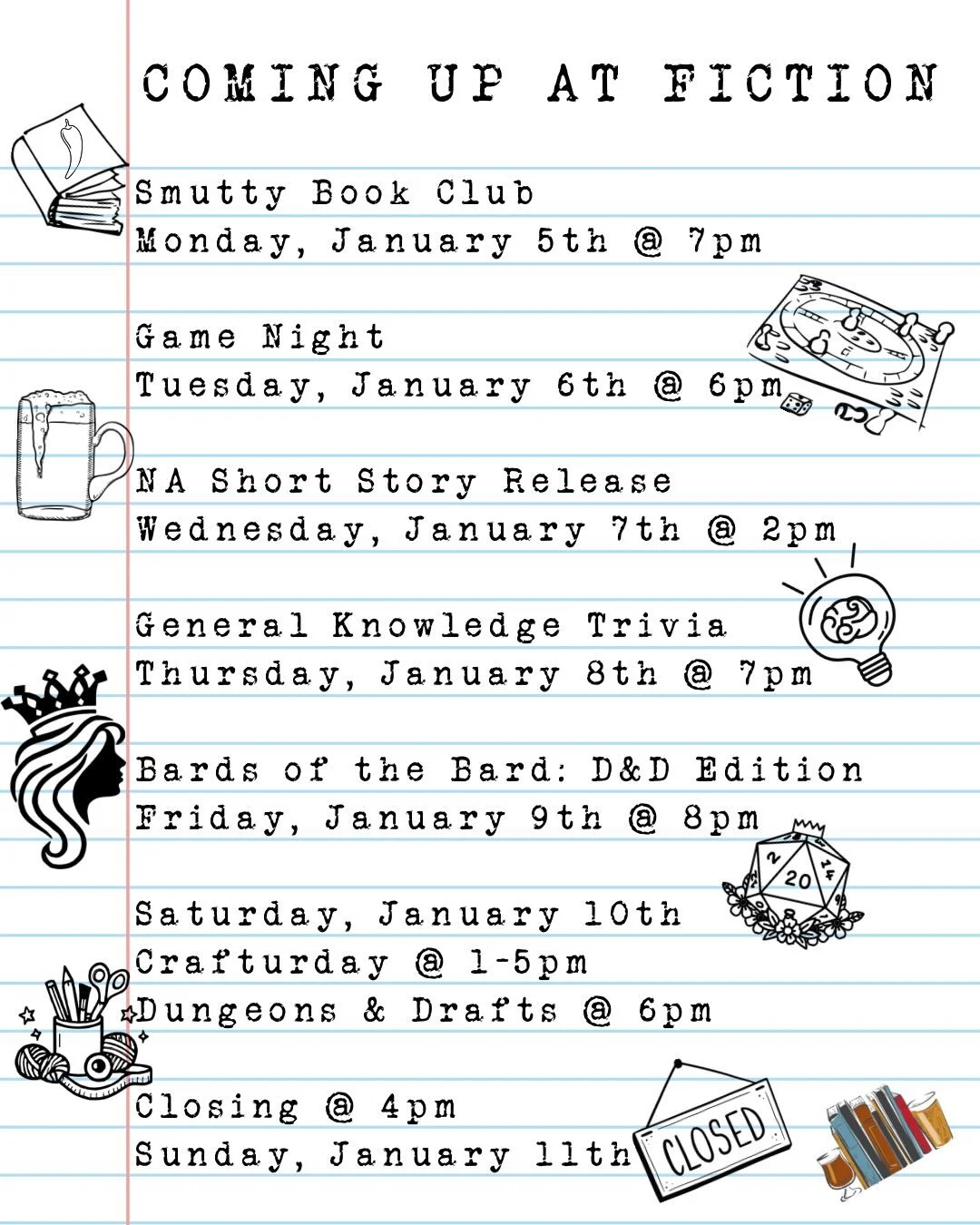 It&rsquo;s Sunday and you know what that means! 🗓️ Another week or taproom happenings to look forward to! 🍻

🌶️ Tomorrow night at 7pm is the monthly meeting of our Smutty Book Club! For the January meeting we read &lsquo;Brutal Vows&rsquo; by @jtg
