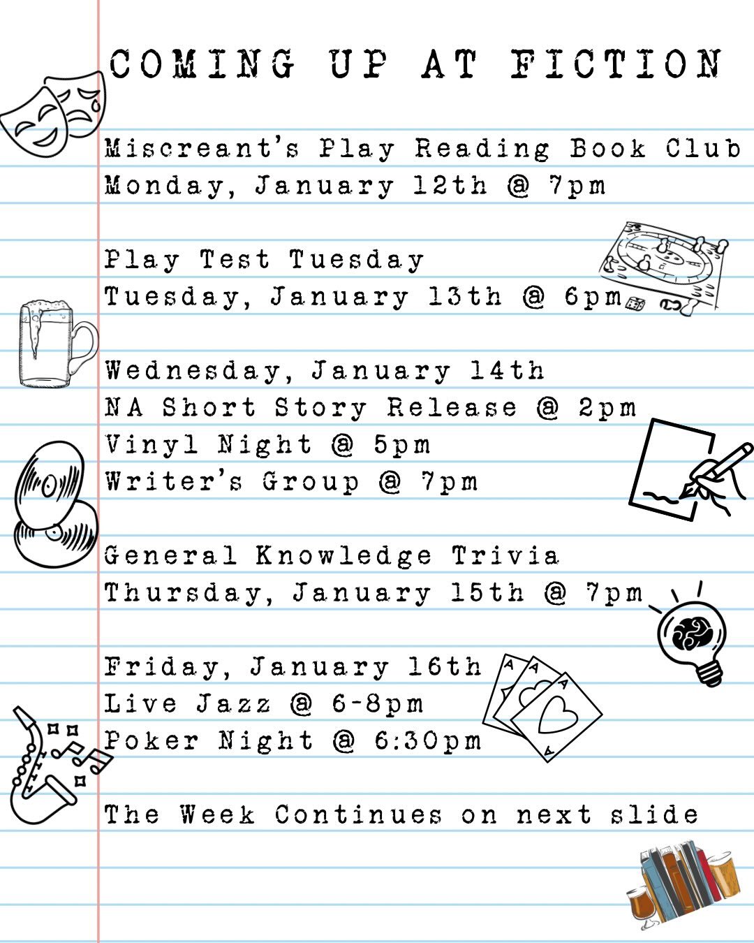 Do we have an action packed week for you planned! 🙌

🎭 Calling all theater kids!! Every 2nd Monday at 7pm join @miscreanttheatre to read new plays! All are welcome!

🎲 Join are awesome group of Game Nights on Tuesday at 6pm for Game Test Tuesday! 