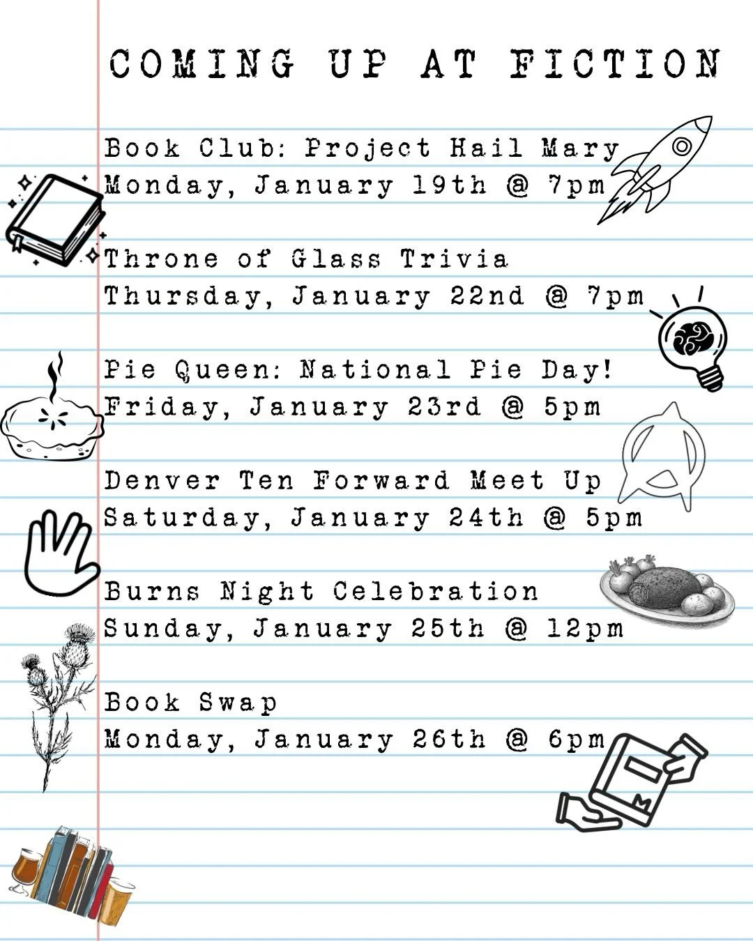 Happy Sunday book friends! Here&rsquo;s what we have planned for you this upcoming week!

🚀 Join us Monday night at 7pm for our Book Club meeting! For January we read &lsquo;Project Hail Mary&rsquo; by Andy Weir. 

✨ You&rsquo;ve been patiently wait