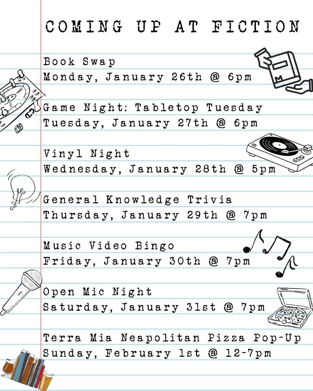It&rsquo;s a new week and somehow it&rsquo;s almost February 😳 but we have another fun lineup of events for you!

📚 Tonight is our second Book Swap! Starting at 6pm, bring 2+ gently used (preferably fiction or engaging non-fiction&mdash;no textbook