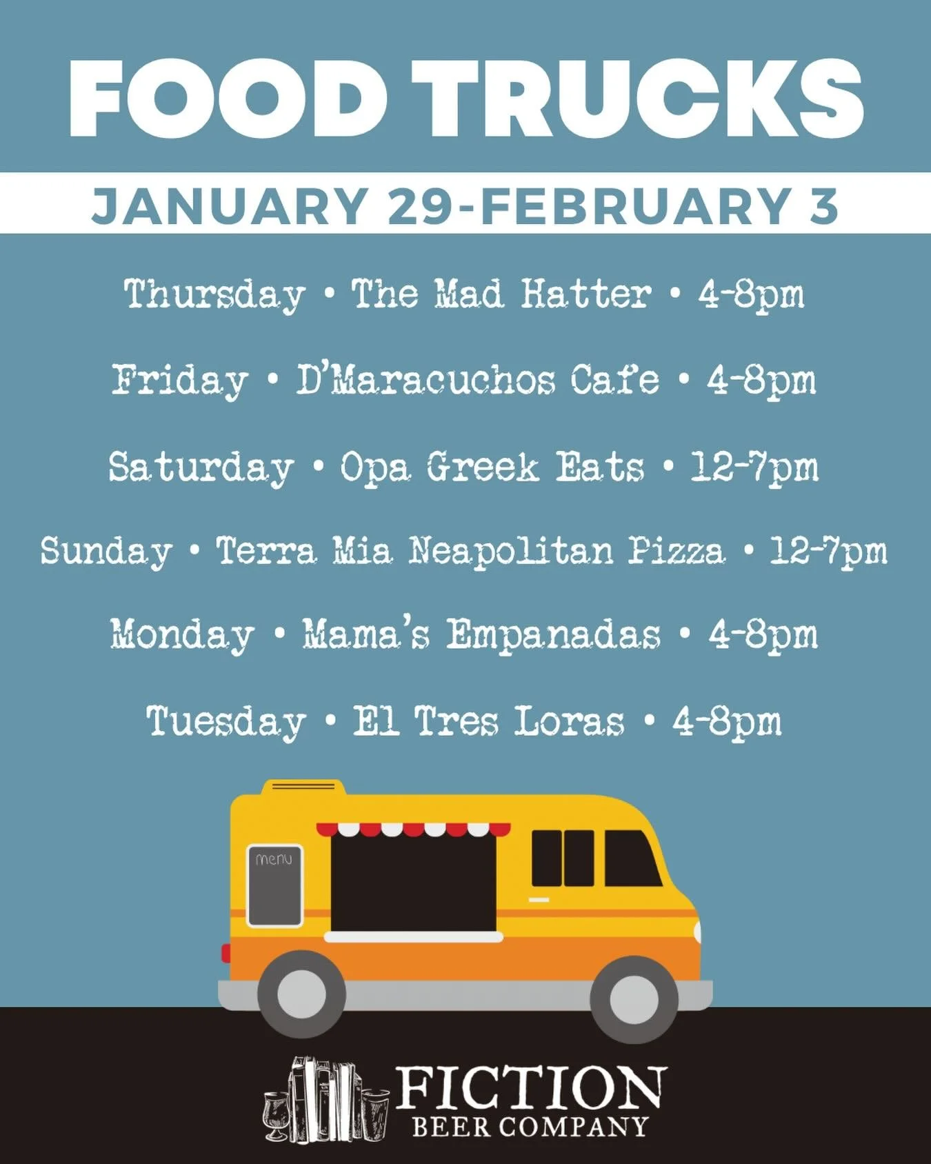 👀 Just look at this food truck lineup! This week, we&rsquo;re welcoming some of our favorites back to the taproom&mdash;and an exciting new option! 🍕 

#fictionbeercompany #booksandbeer #denverfoodtrucks  #denverbeer #parkhilldenver