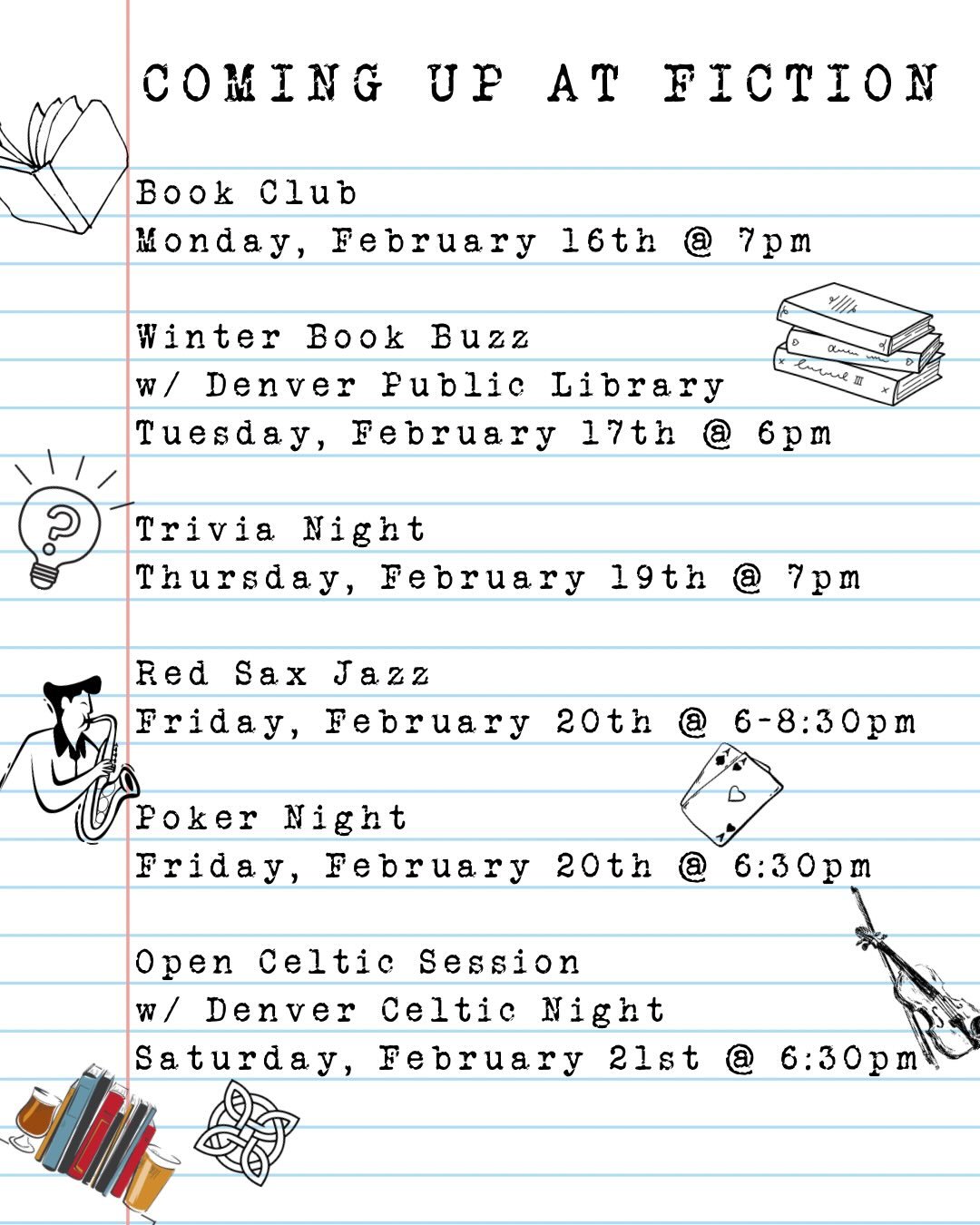 Sunday scaries who? It&rsquo;s a 3 day weekend! Here&rsquo;s what we have planned for you all this week!

🔪 Join us Monday night at 7pm for our monthly Book Club Meeting! For February we read &lsquo;My Sister the Serial Killer&rsquo; by @oyinbraithw